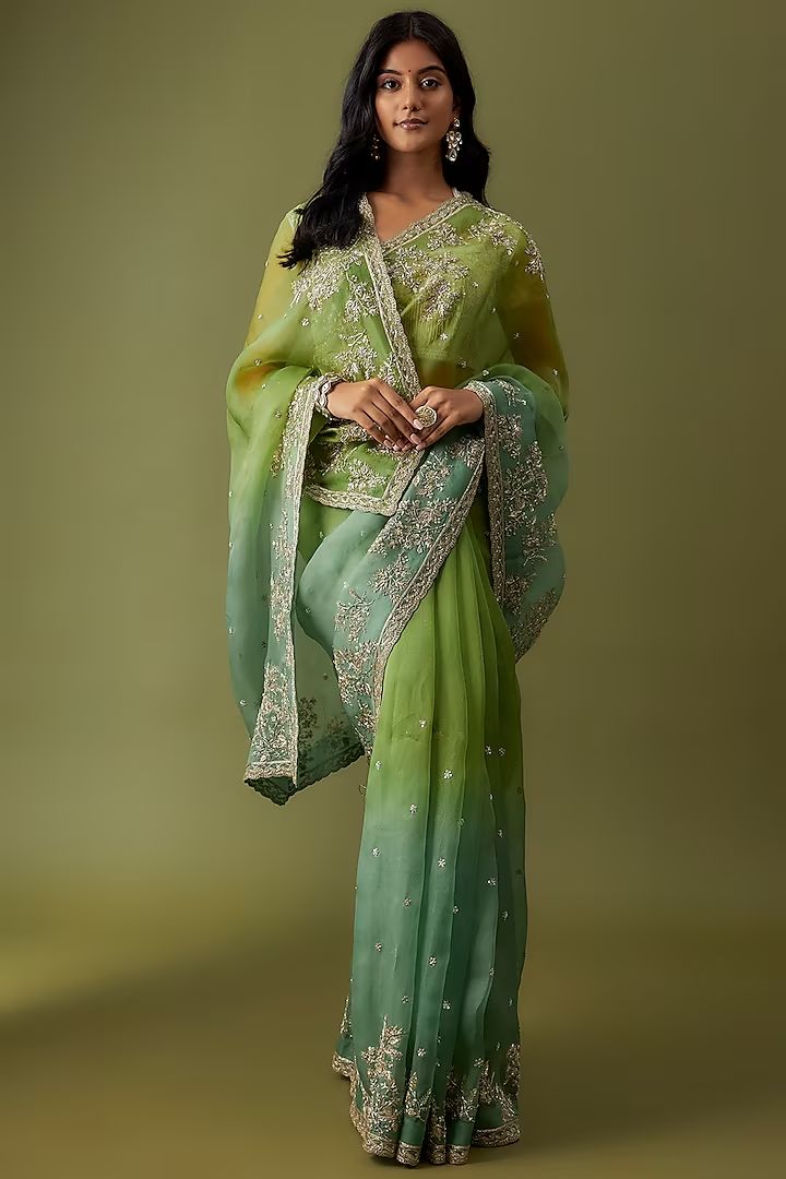 Products green & ombre organza embroidered saree set by anushree reddy at pernia's pop up shop 2025